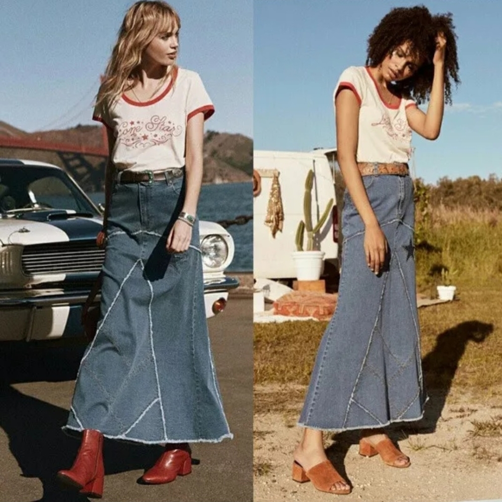 Spell Denim Maxi Skirt with Contrast Stitching